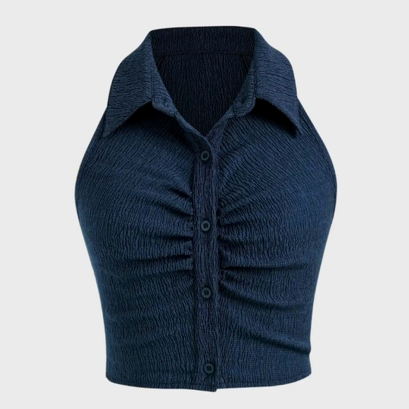 Cider Solid Texture Collar Crop Top Blue - Picture 1 of 2